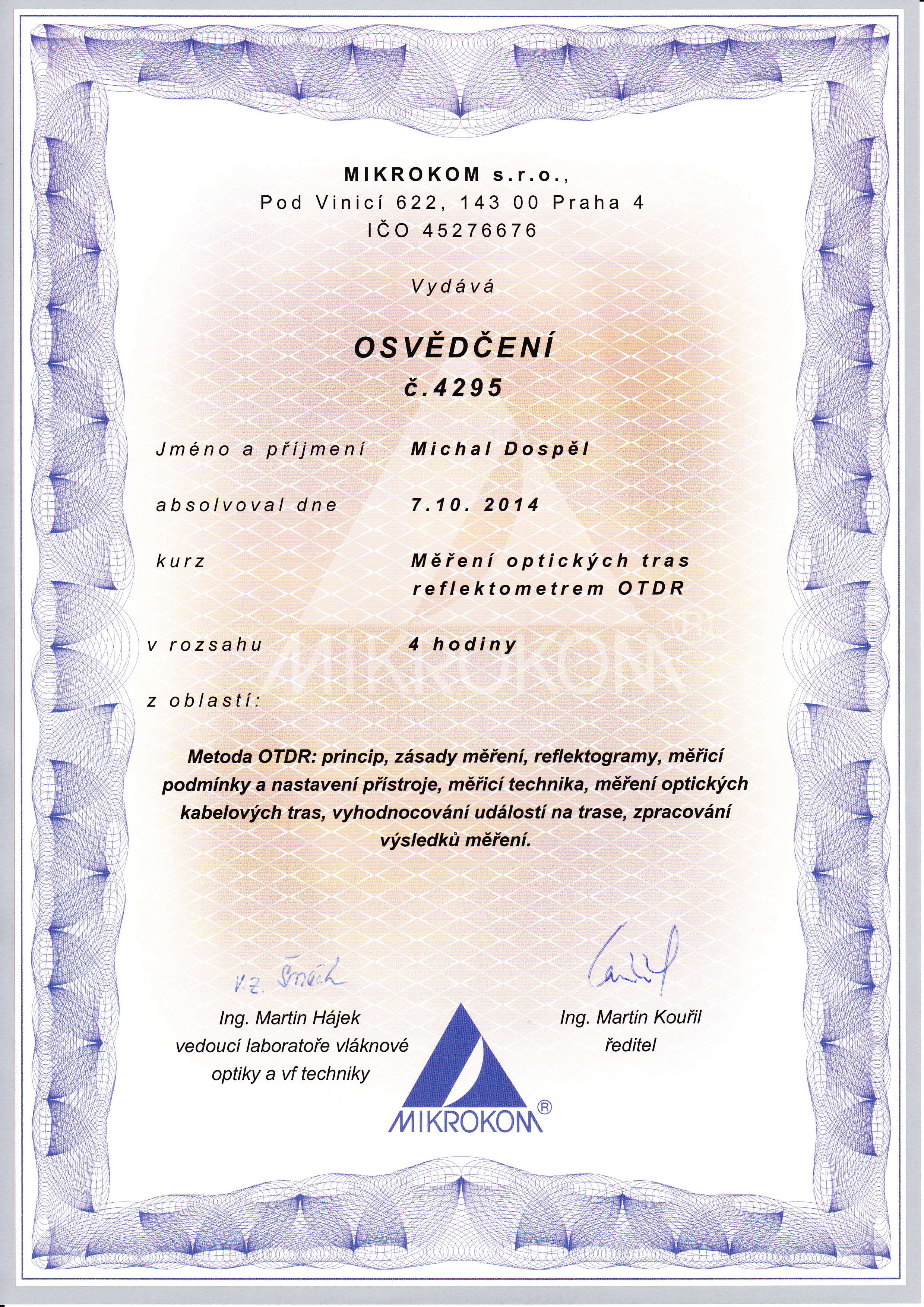 Certifikat Mikrokom CZ optika Michal Dospel