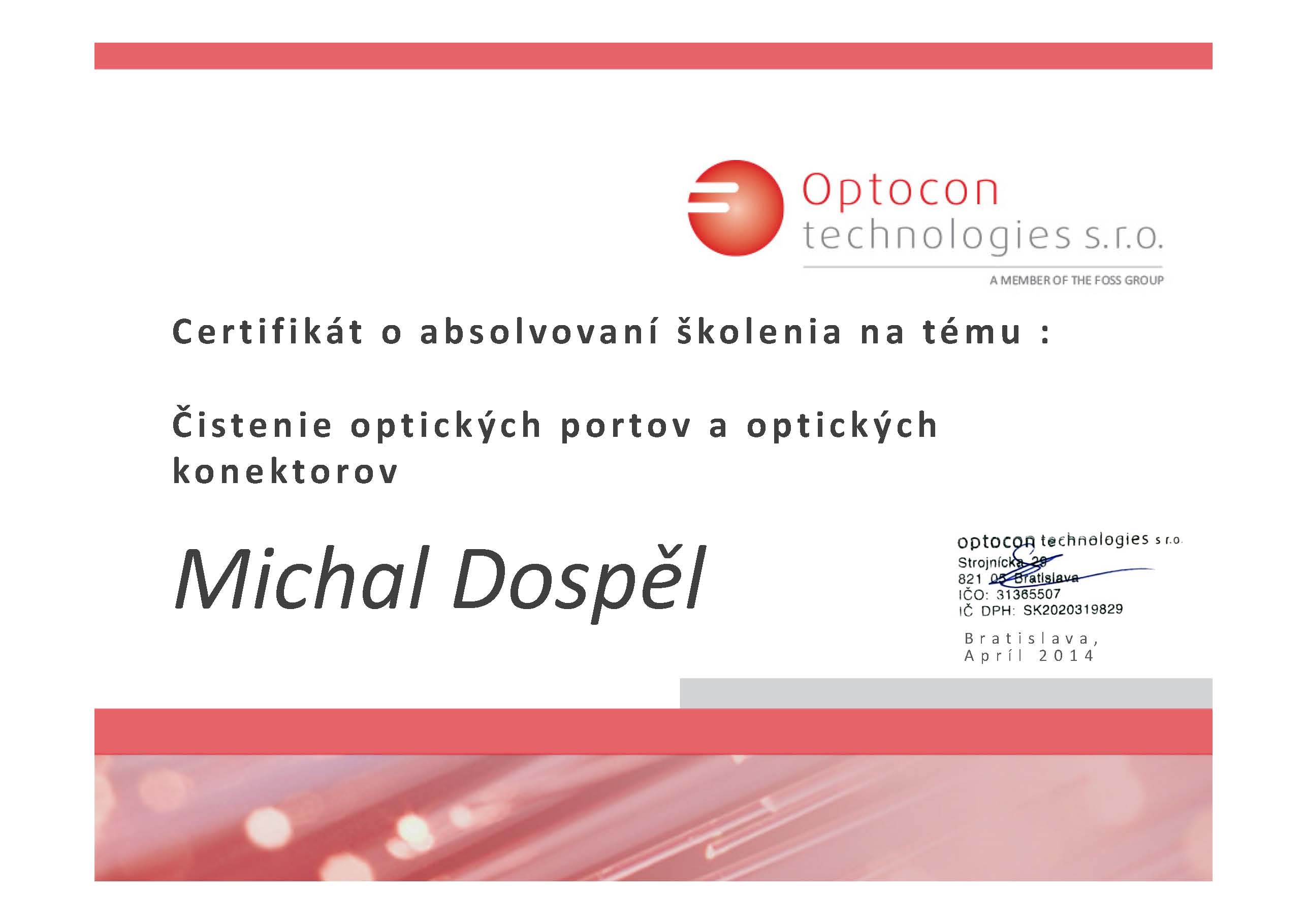 Certifikat Optocon technologies optika Michal Dospel