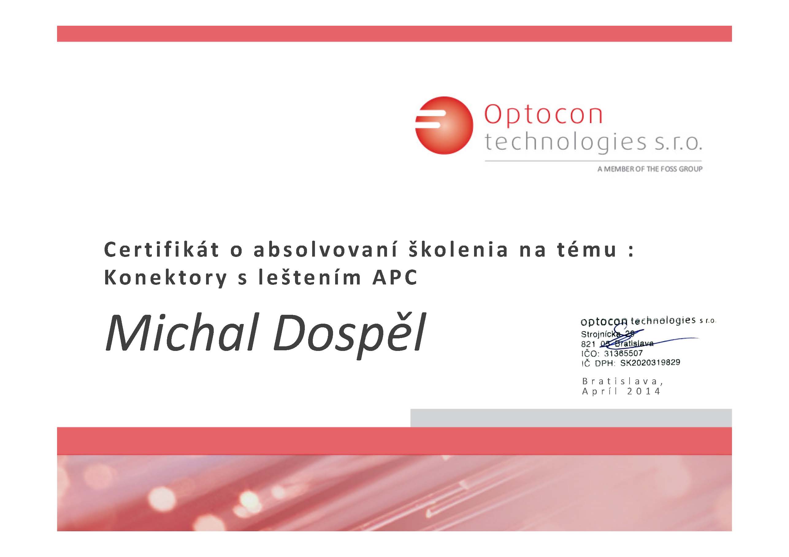 Certifikat Optocon technologies optika Michal Dospel