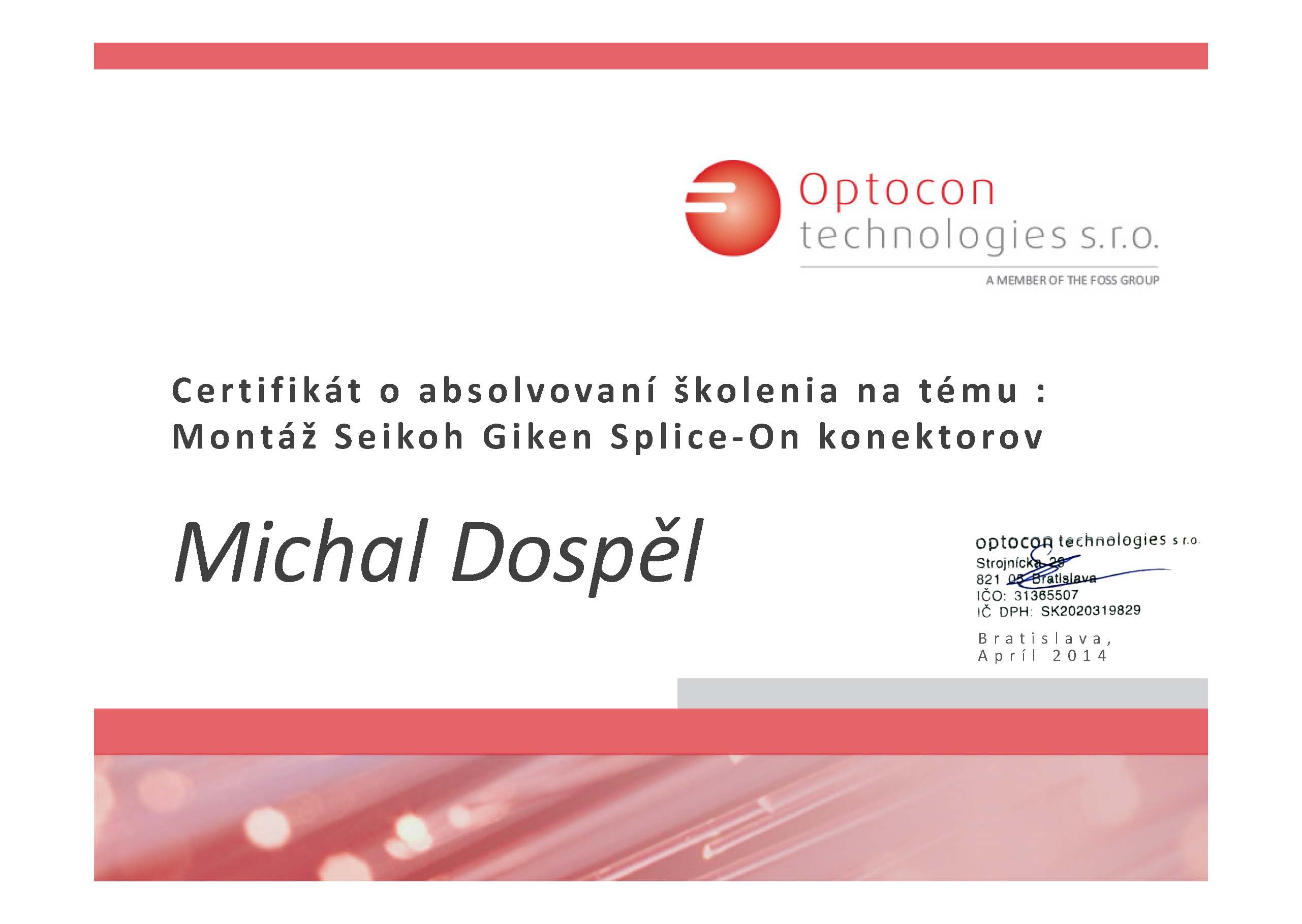 Certifikat Optocon technologies optika Michal Dospel