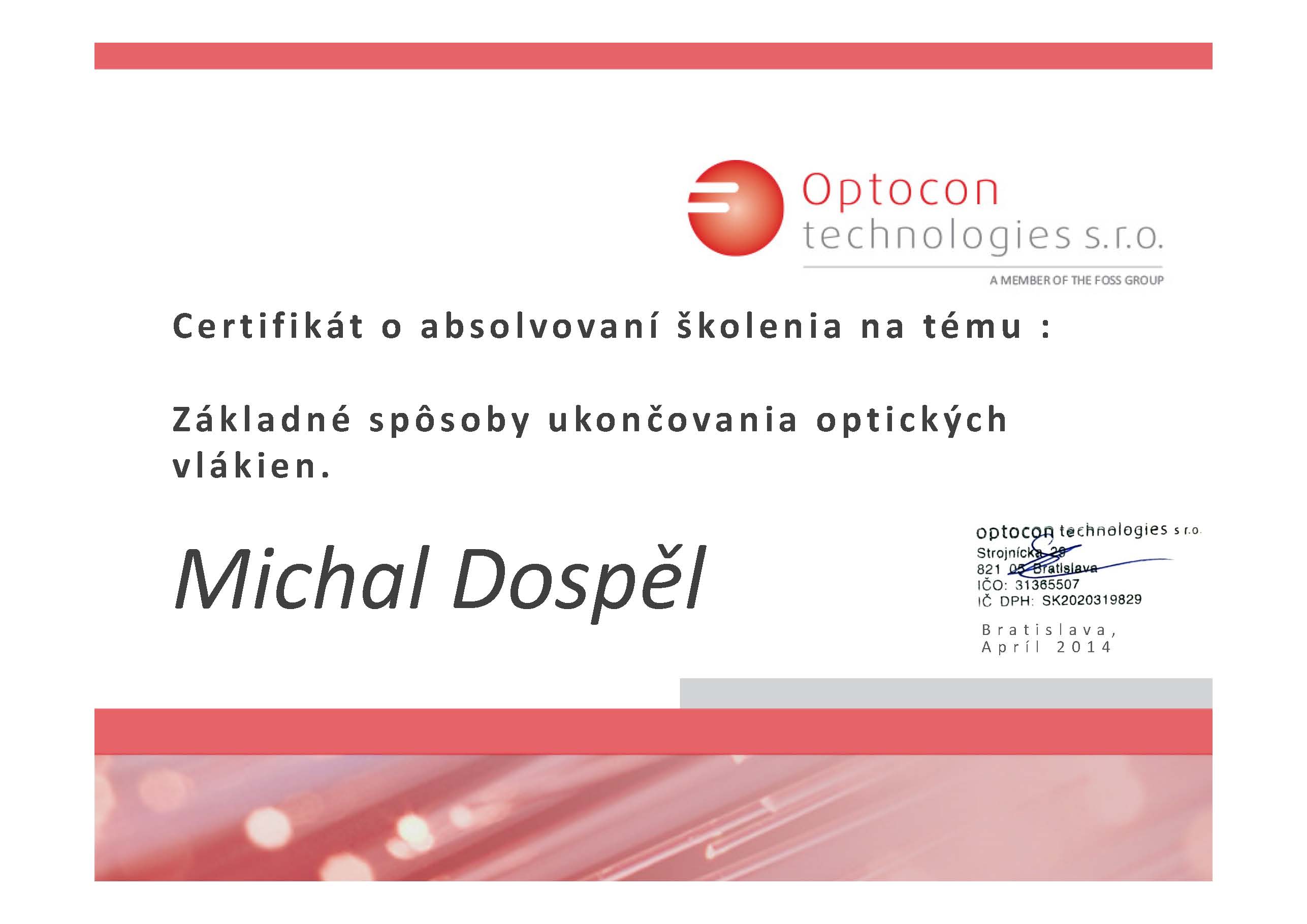 Certifikat Optocon technologies optika Michal Dospel