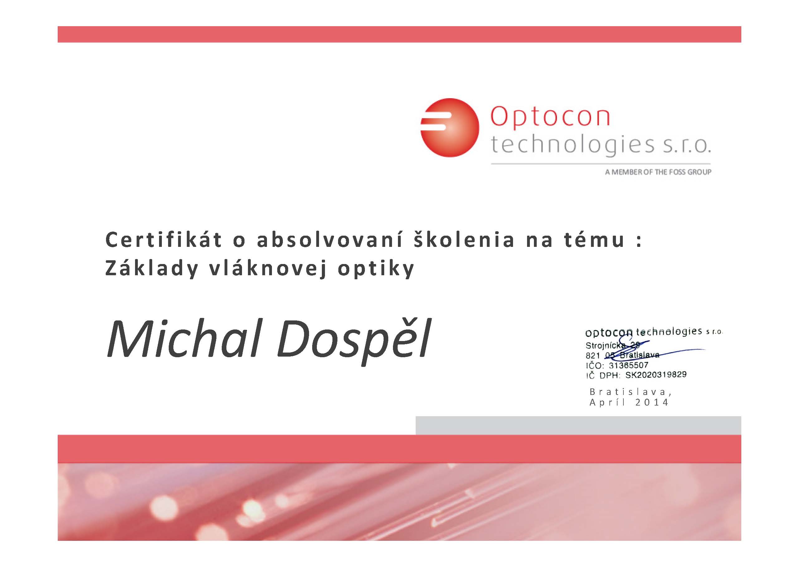Certifikat Optocon technologies optika Michal Dospel
