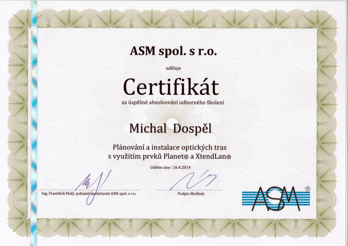 Certifikat ASM optika Michal Dospel