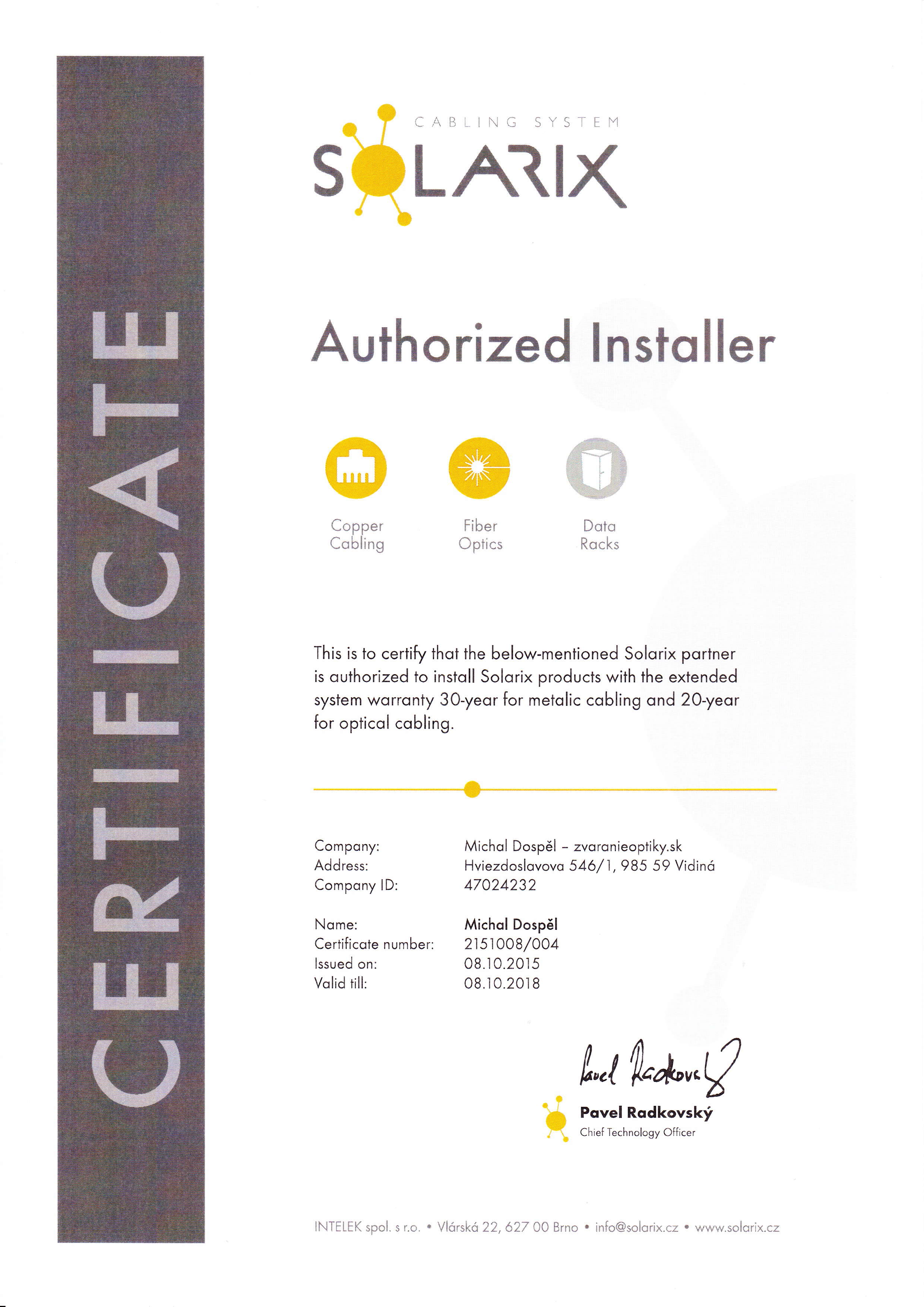 Certifikat Solarxi Michal Dospel