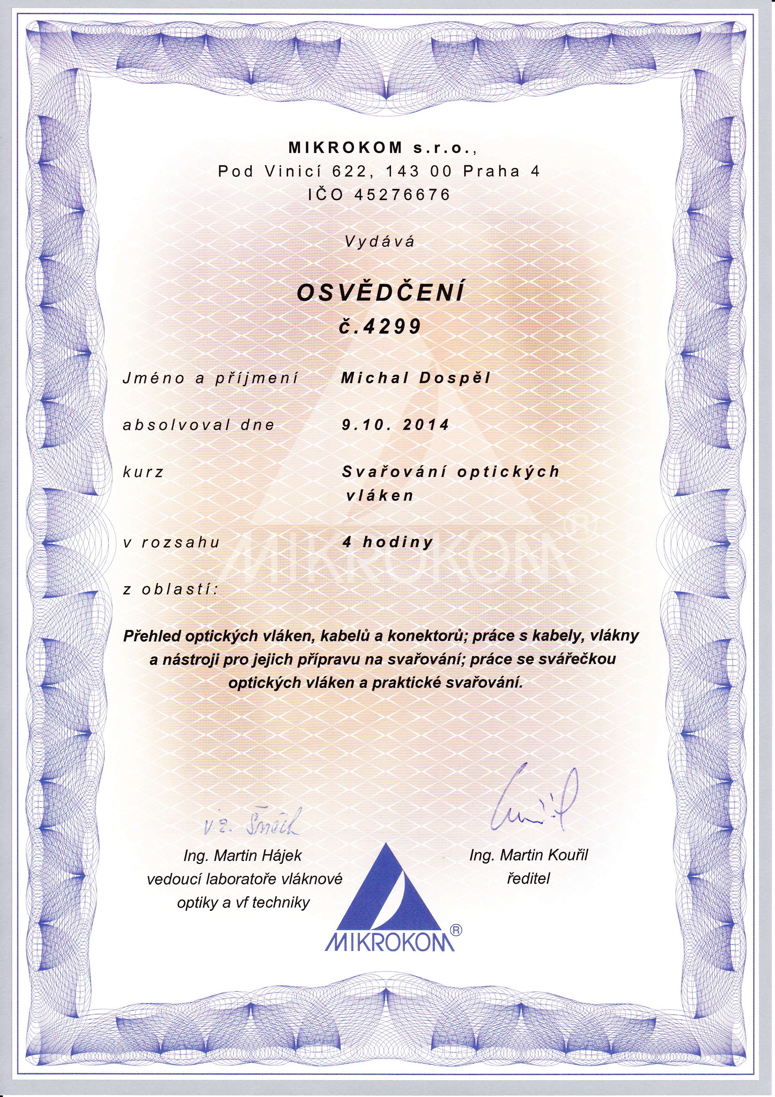 Certifikat Mikrokom CZ optika Michal Dospel