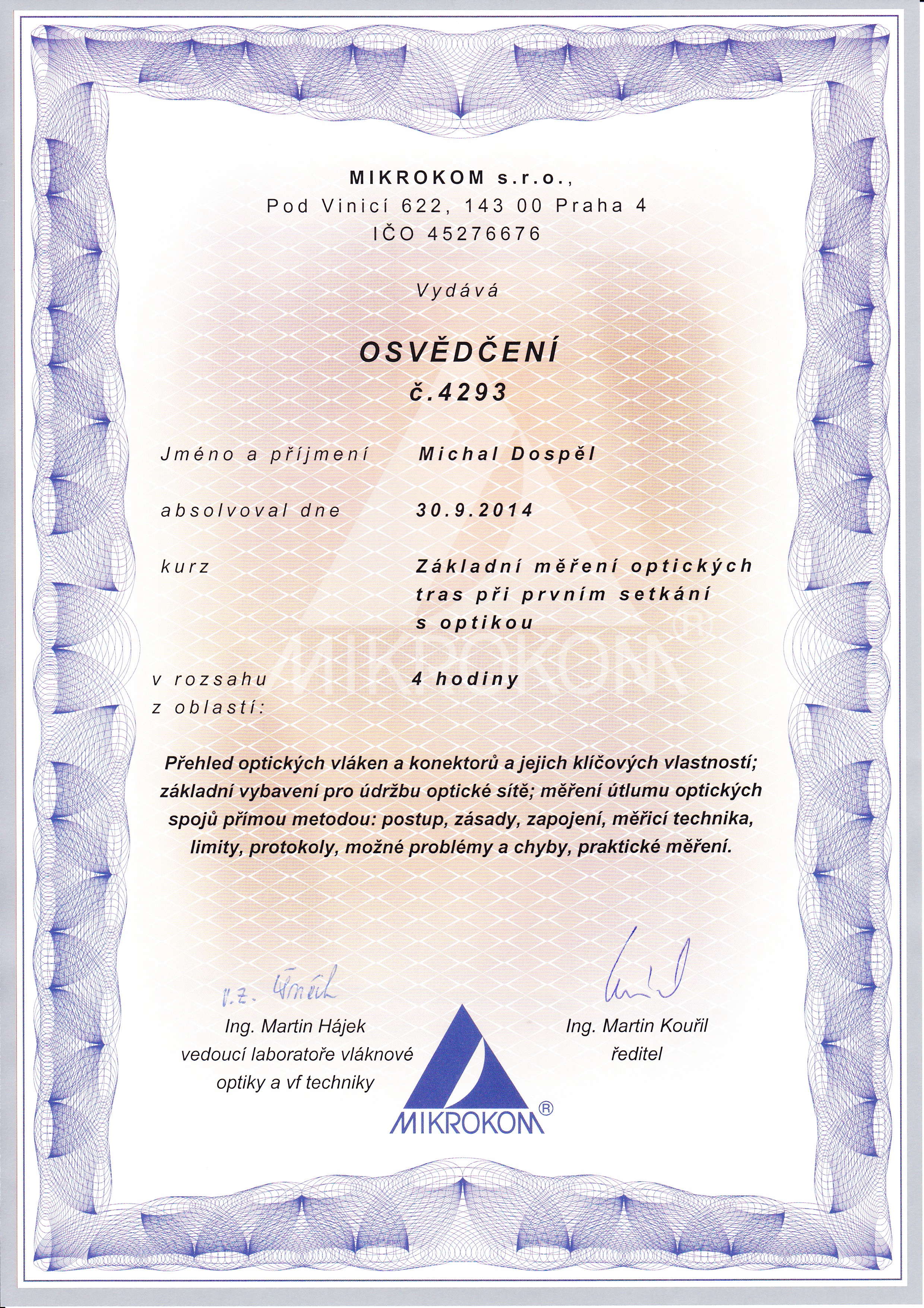 Certifikat Mikrokom CZ optika Michal Dospel
