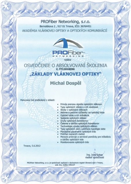 Certifikat zaklady vlaknovej optiky Michal Dospel